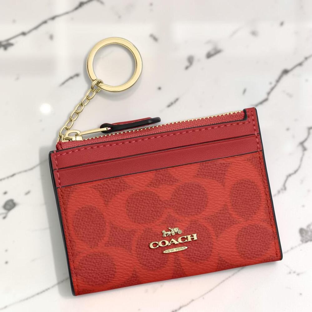 Coach Mini Skinny ID Case Signature Canvas Gold Crimson Red CW870 NWT